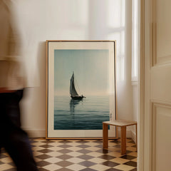 Japanese Coastal Art Print – Vintage Seascape Wall Art — framed canvas on floor man walking past