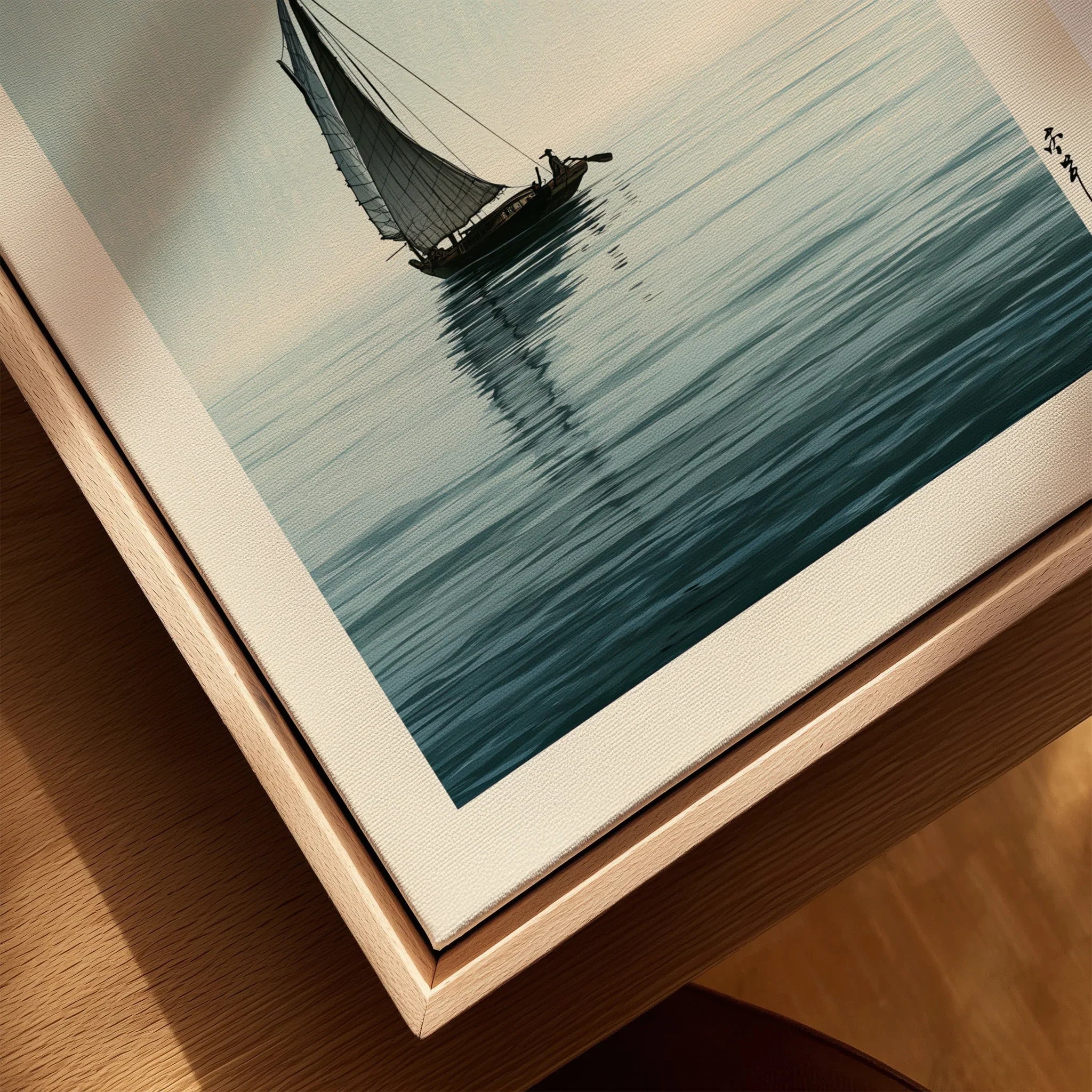 Japanese Coastal Art Print – Vintage Seascape Wall Art — closeup framed canvas natural wood floating frame