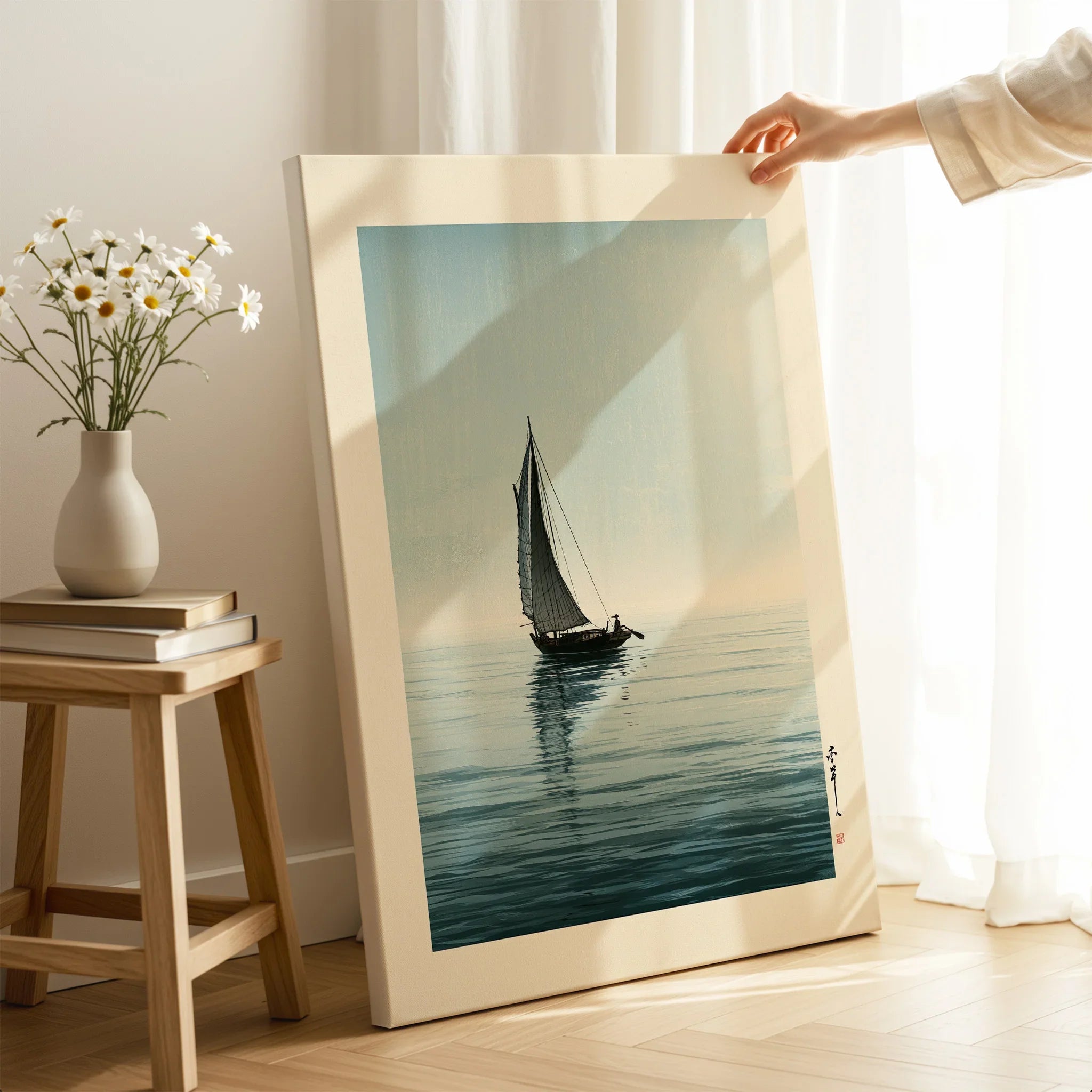 Japanese Coastal Art Print – Vintage Seascape Wall Art — canvas print mirror edge hand holding room setting