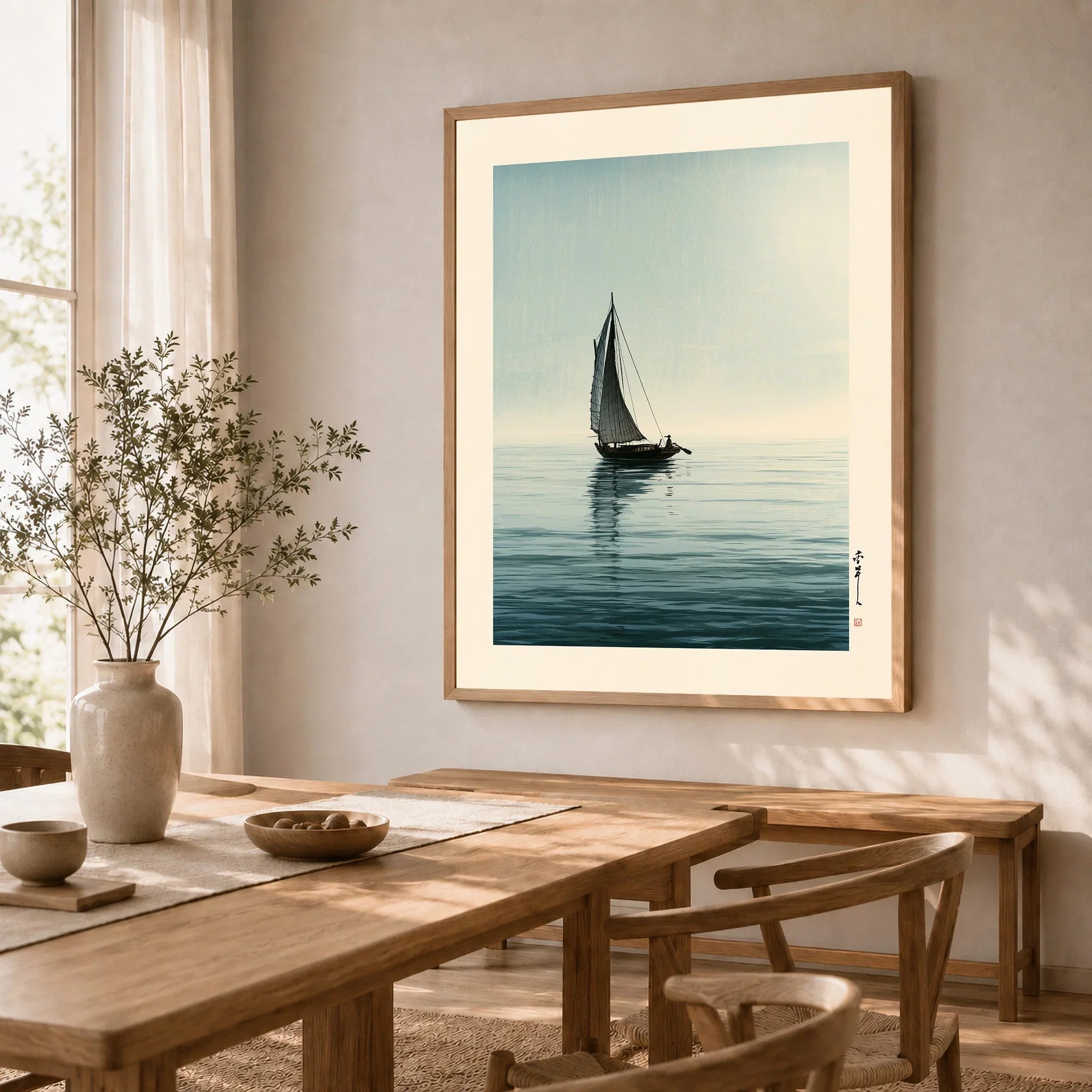 Japanese Coastal Art Print – Vintage Seascape Wall Art — dining room framed print natural wood frame