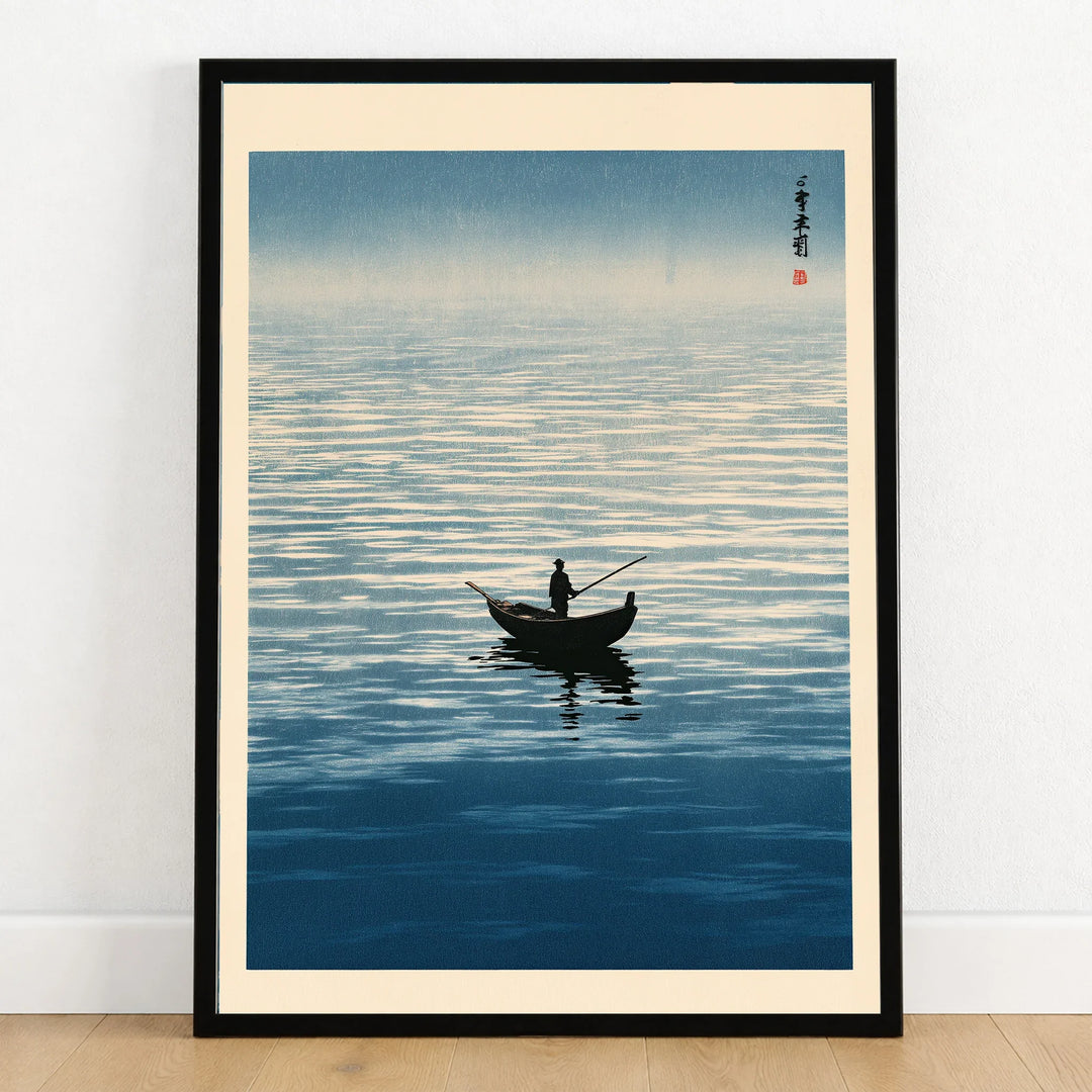 Japanese Seascape Wall Art – Vintage Coastal Art Print — art print in black frame on wooden floor