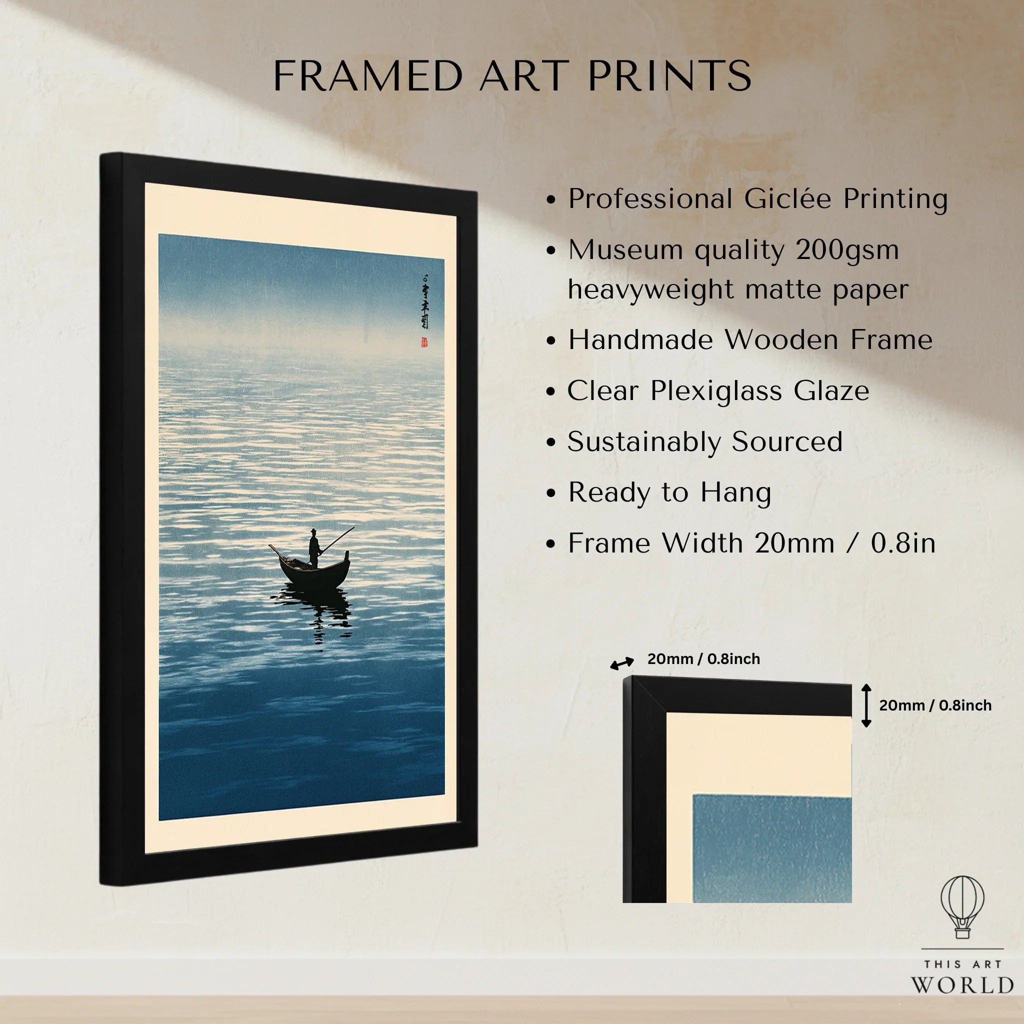 Japanese Seascape Wall Art – Vintage Coastal Art Print — framed print details measurements quality details