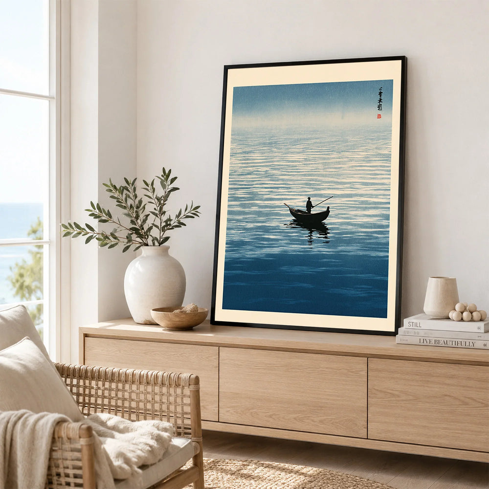 Japanese Seascape Wall Art – Vintage Coastal Art Print — framed artwork living room lifestyle setting
