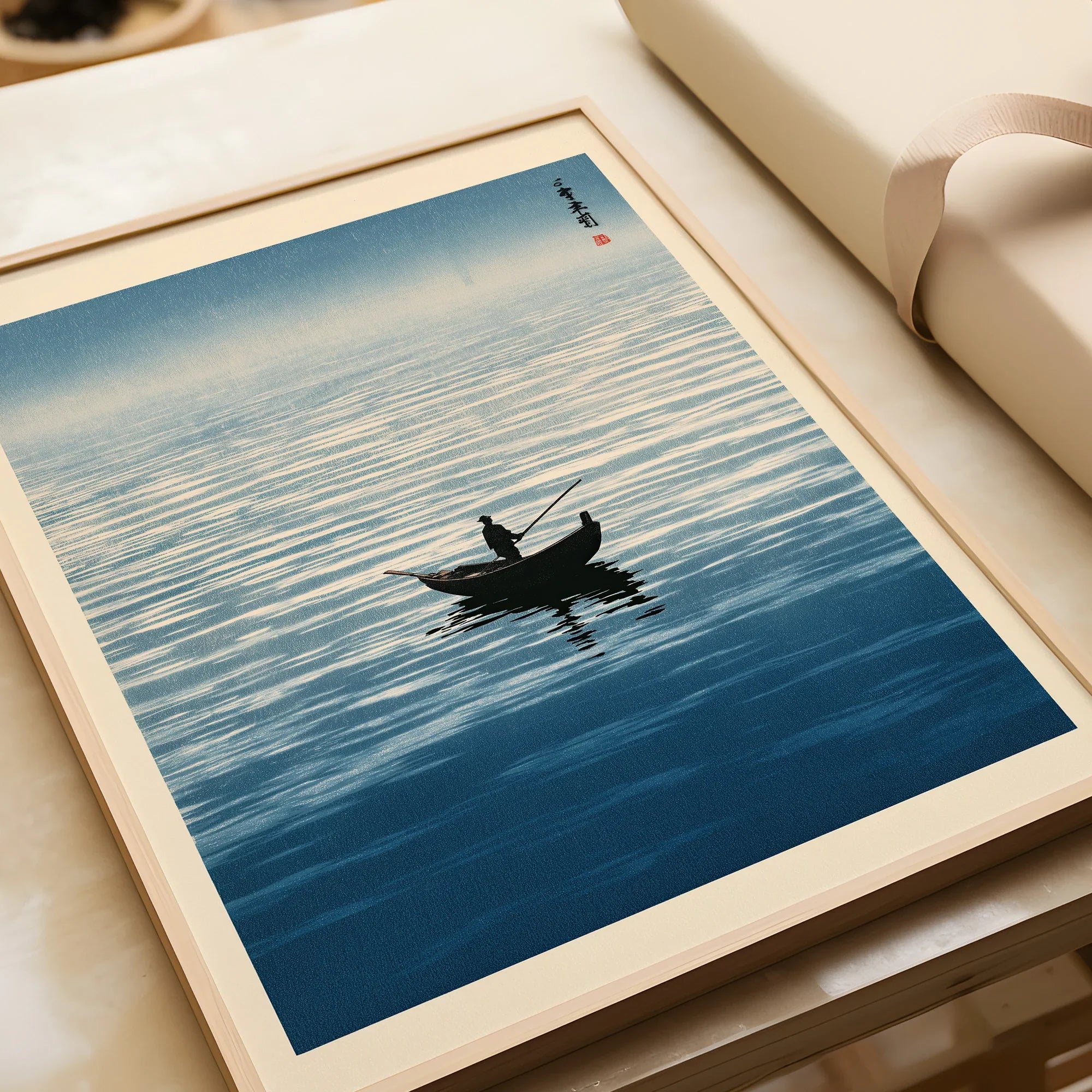 Japanese Seascape Wall Art – Vintage Coastal Art Print — framed art print closeup gift unwrapped natural frame