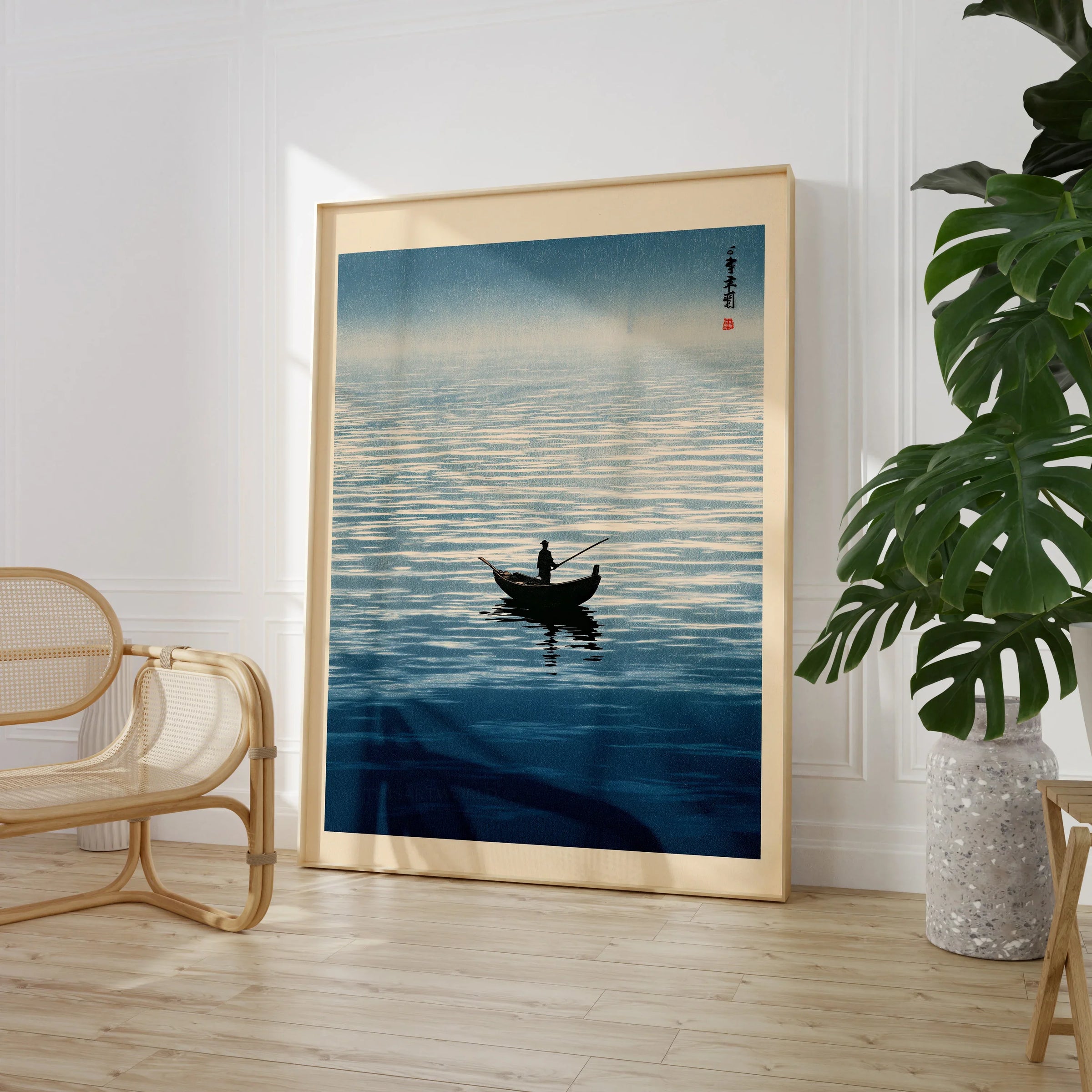 Japanese Seascape Wall Art – Vintage Coastal Art Print — large framed print room setting chair plant