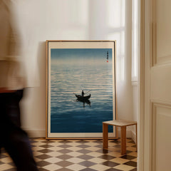 Japanese Seascape Wall Art – Vintage Coastal Art Print — framed canvas on floor man walking past