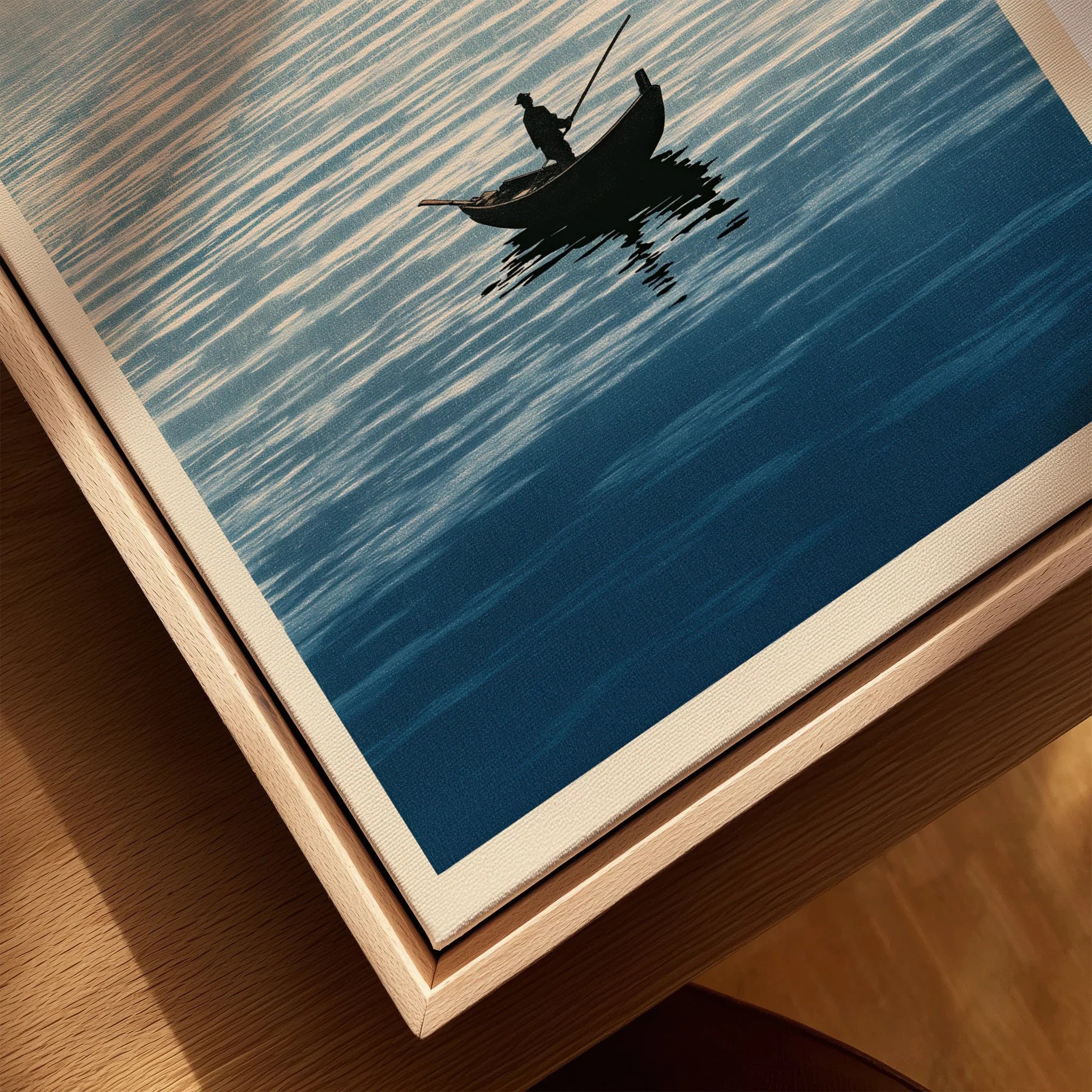 Japanese Seascape Wall Art – Vintage Coastal Art Print — closeup framed canvas natural wood floating frame
