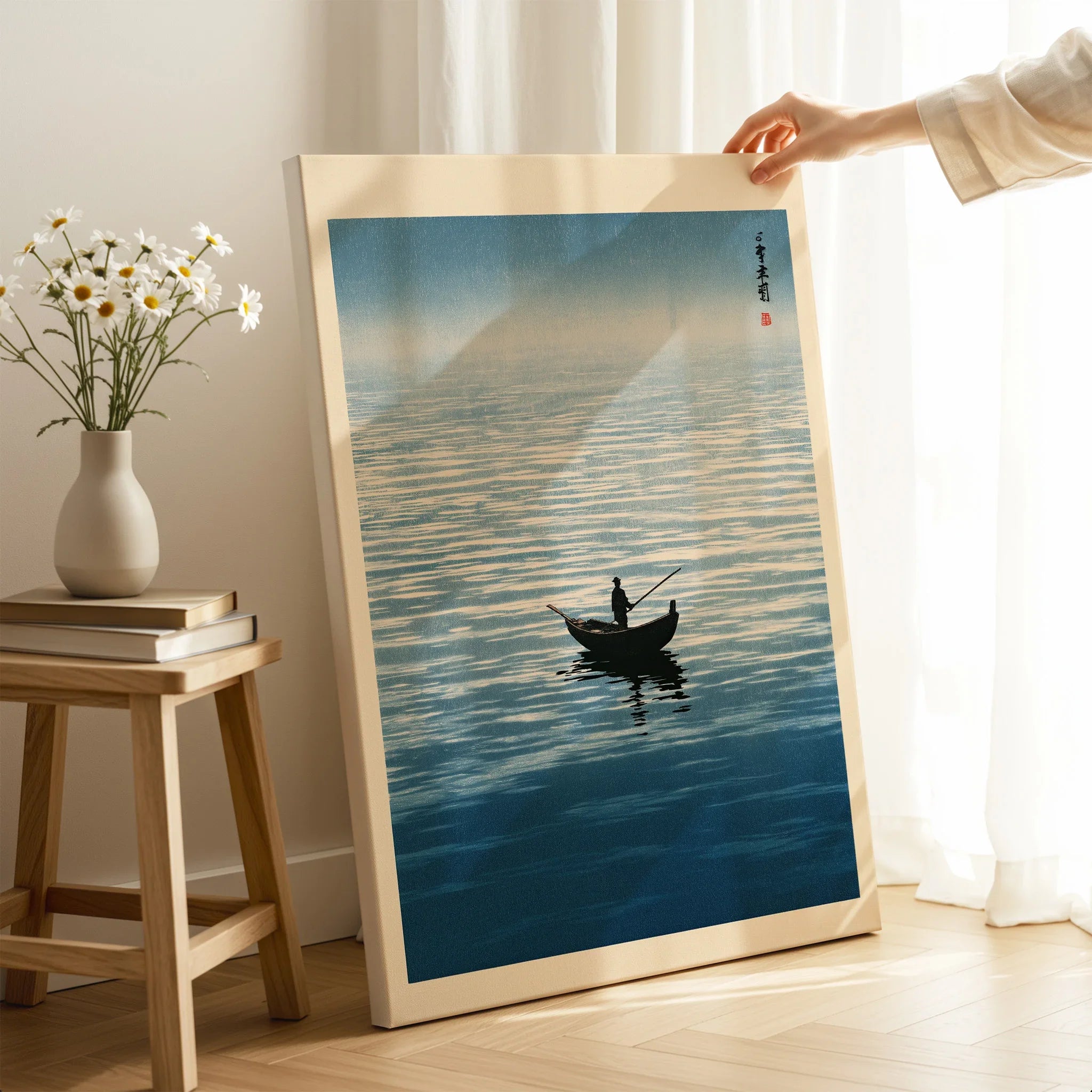 Japanese Seascape Wall Art – Vintage Coastal Art Print — canvas print mirror edge hand holding room setting