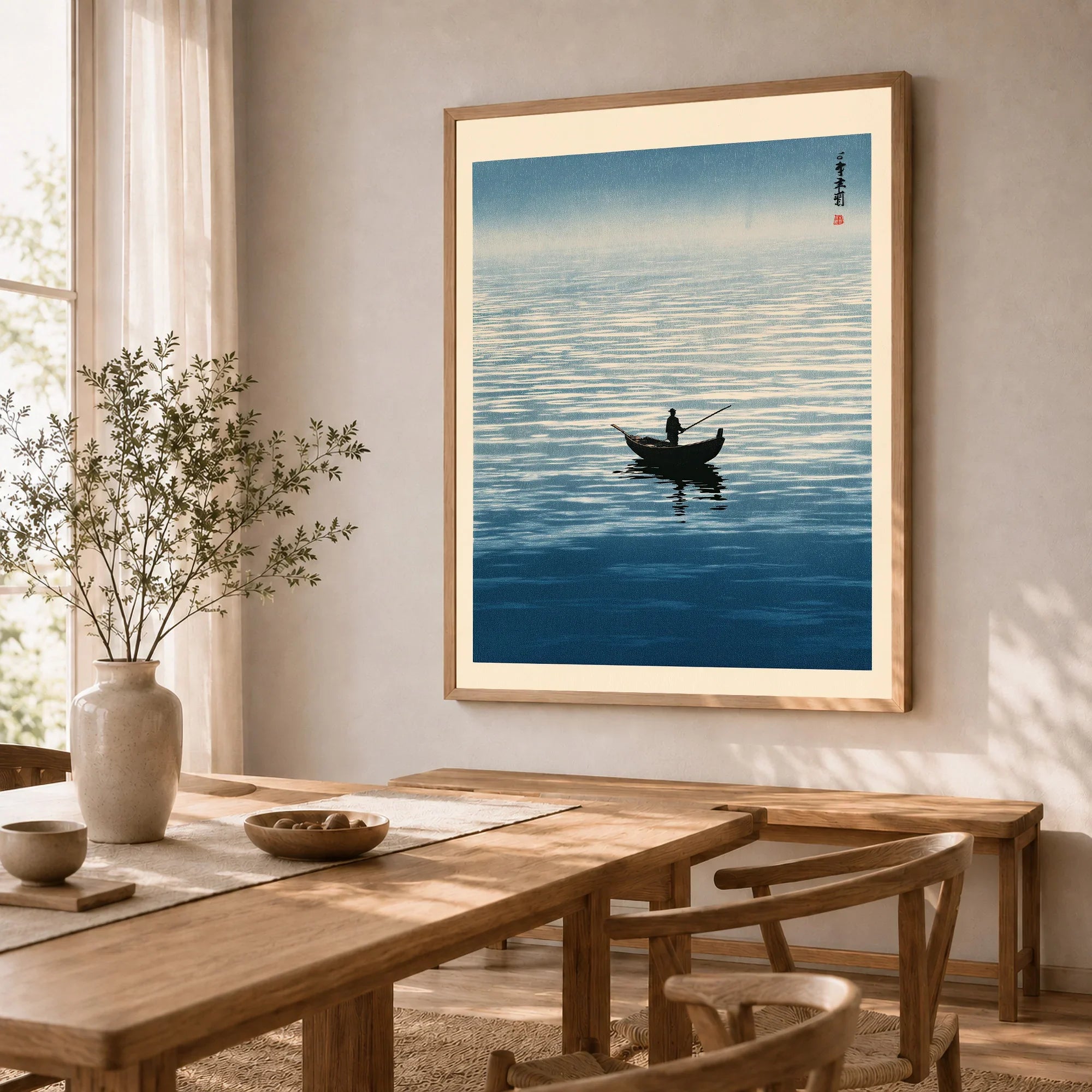 Japanese Seascape Wall Art – Vintage Coastal Art Print — dining room framed print natural wood frame