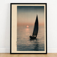 Japanese Sunset Seascape Art Print – Vintage Boat Wall Art — art print in black frame on wooden floor