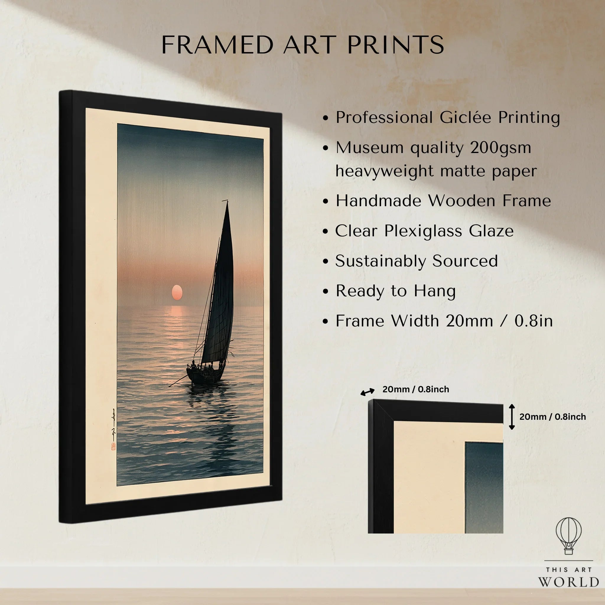 Japanese Sunset Seascape Art Print – Vintage Boat Wall Art — framed print details measurements quality details