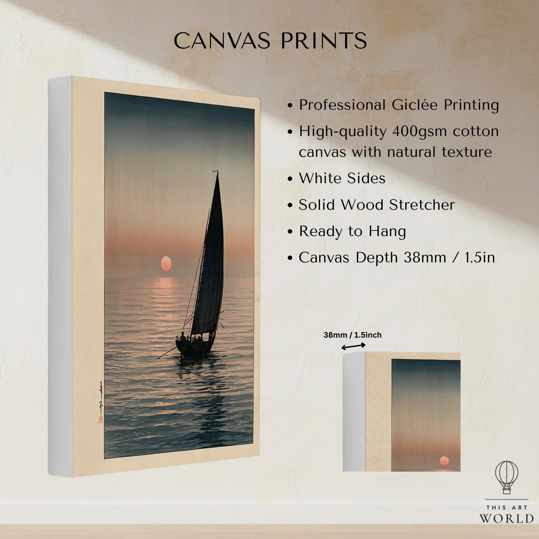 Japanese Sunset Seascape Art Print – Vintage Boat Wall Art — canvas print stretched cotton canvas details