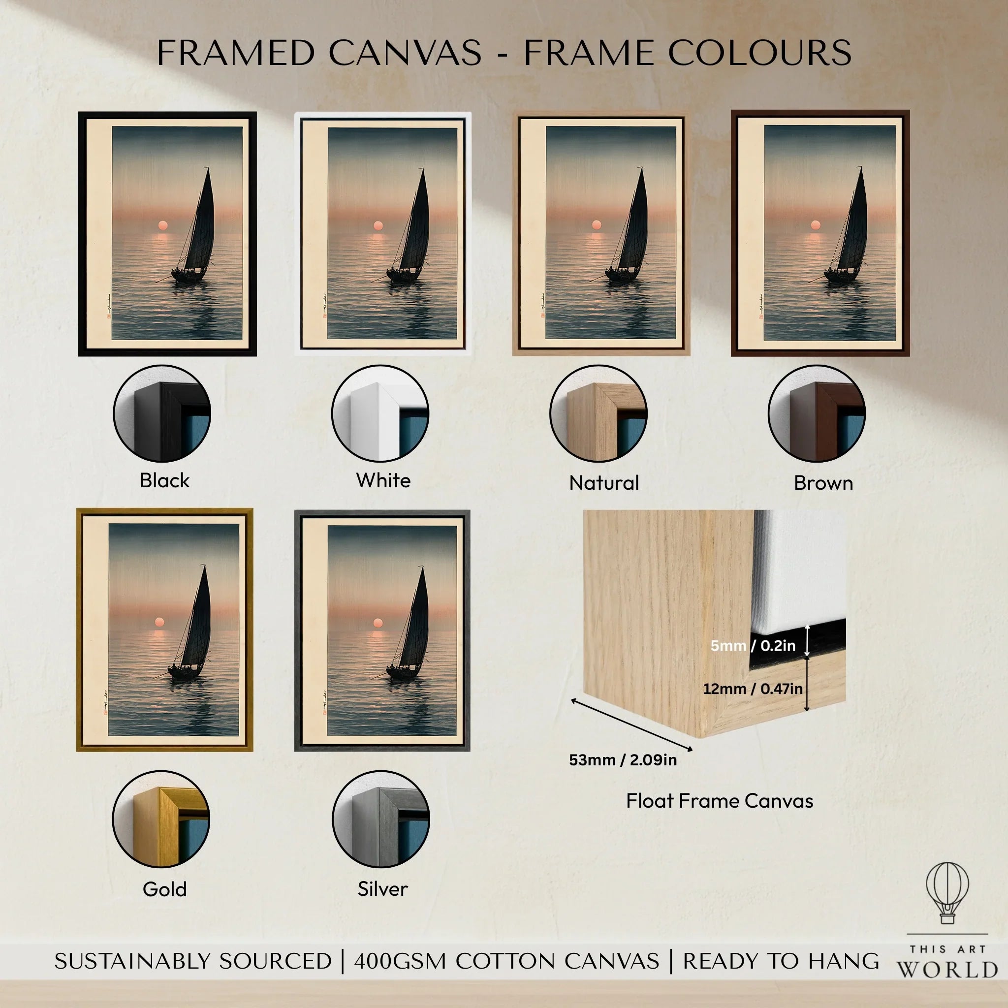 Japanese Sunset Seascape Art Print – Vintage Boat Wall Art — framed canvas float frame colour options