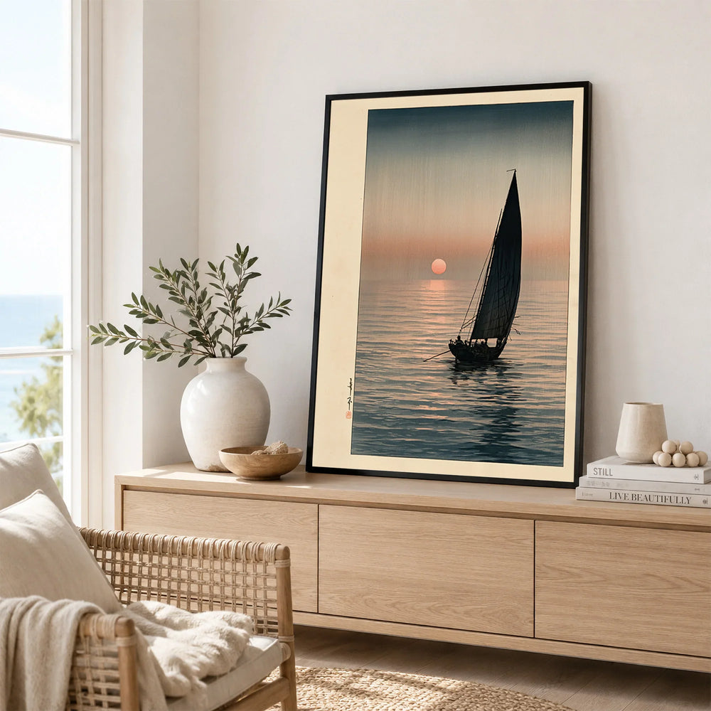Japanese Sunset Seascape Art Print – Vintage Boat Wall Art — framed artwork living room lifestyle setting