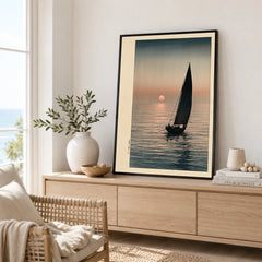Japanese Sunset Seascape Art Print – Vintage Boat Wall Art — framed artwork living room lifestyle setting