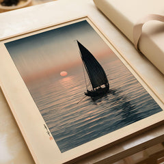 Japanese Sunset Seascape Art Print – Vintage Boat Wall Art — framed art print closeup gift unwrapped natural frame