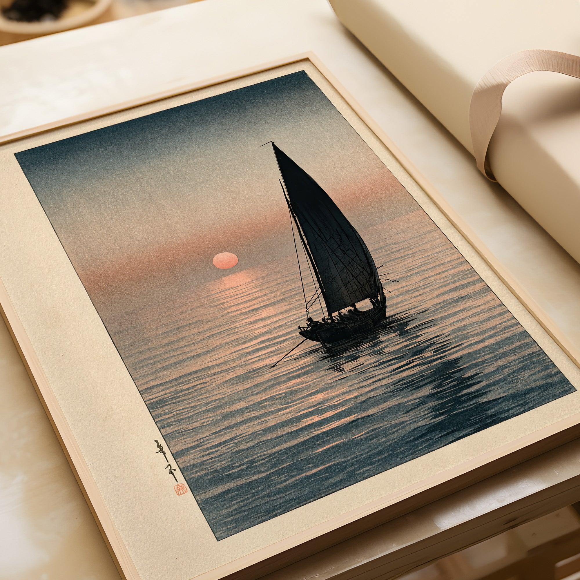 Japanese Sunset Seascape Art Print – Vintage Boat Wall Art — framed art print closeup gift unwrapped natural frame