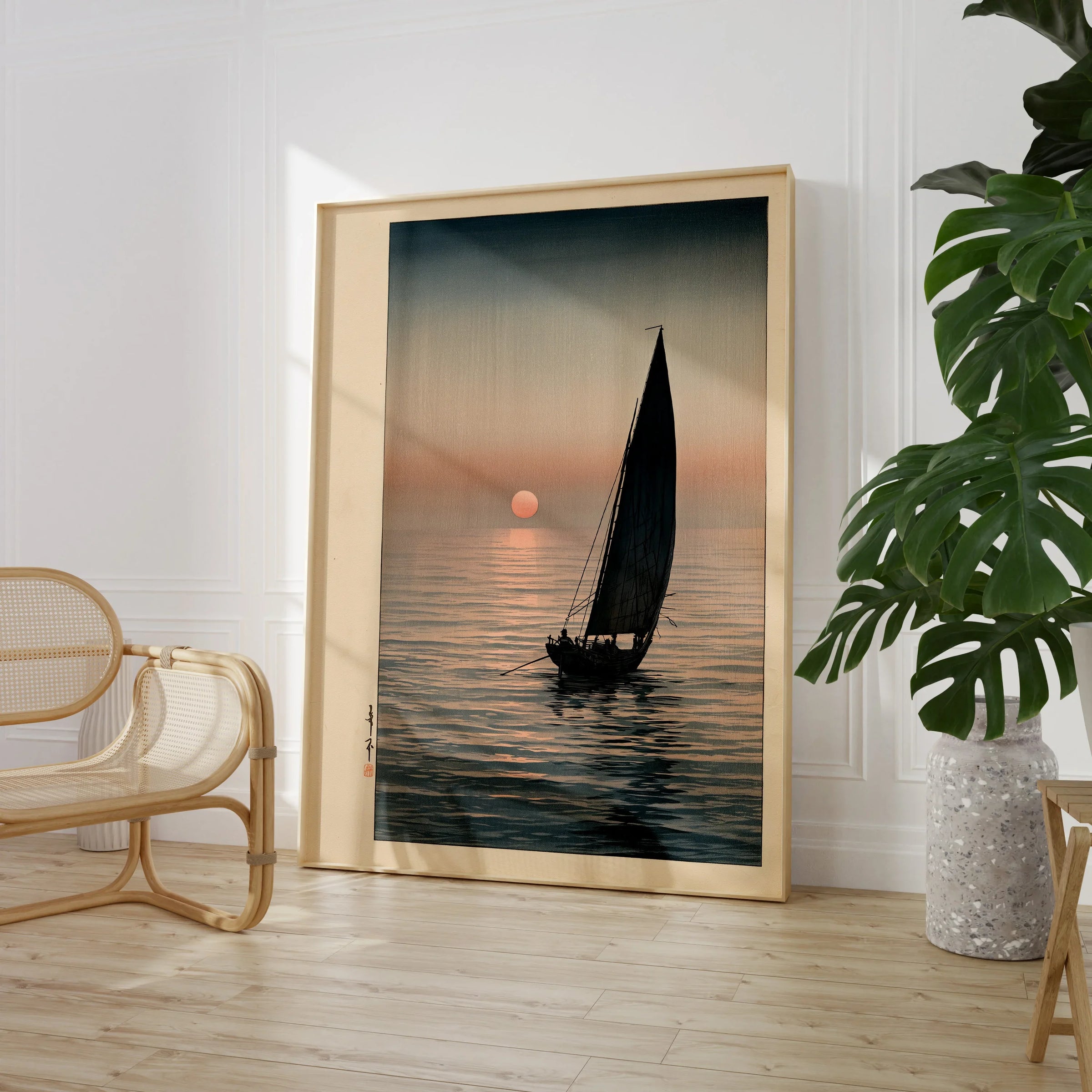 Japanese Sunset Seascape Art Print – Vintage Boat Wall Art — large framed print room setting chair plant