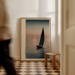 Japanese Sunset Seascape Art Print – Vintage Boat Wall Art — framed canvas on floor man walking past