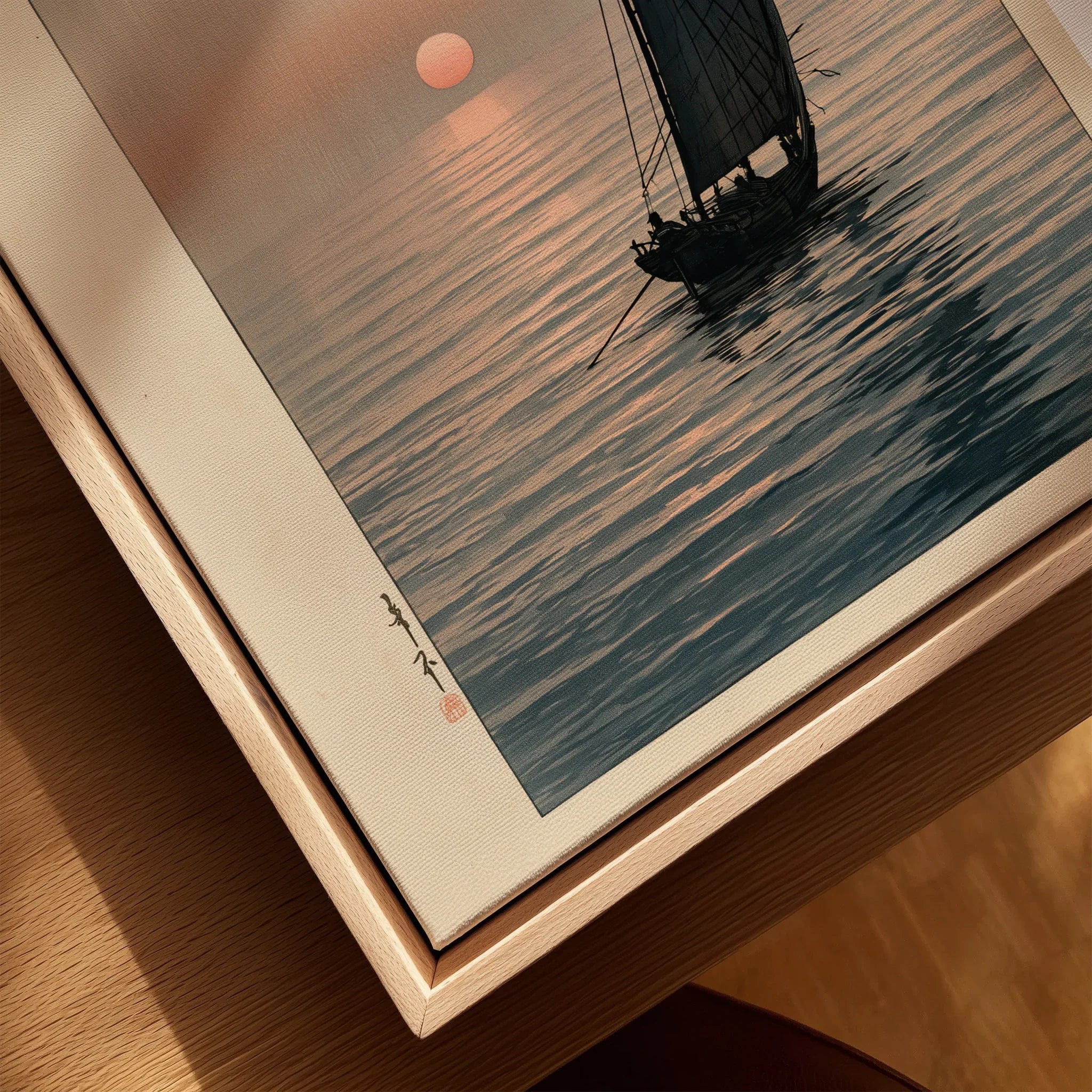 Japanese Sunset Seascape Art Print – Vintage Boat Wall Art — closeup framed canvas natural wood floating frame