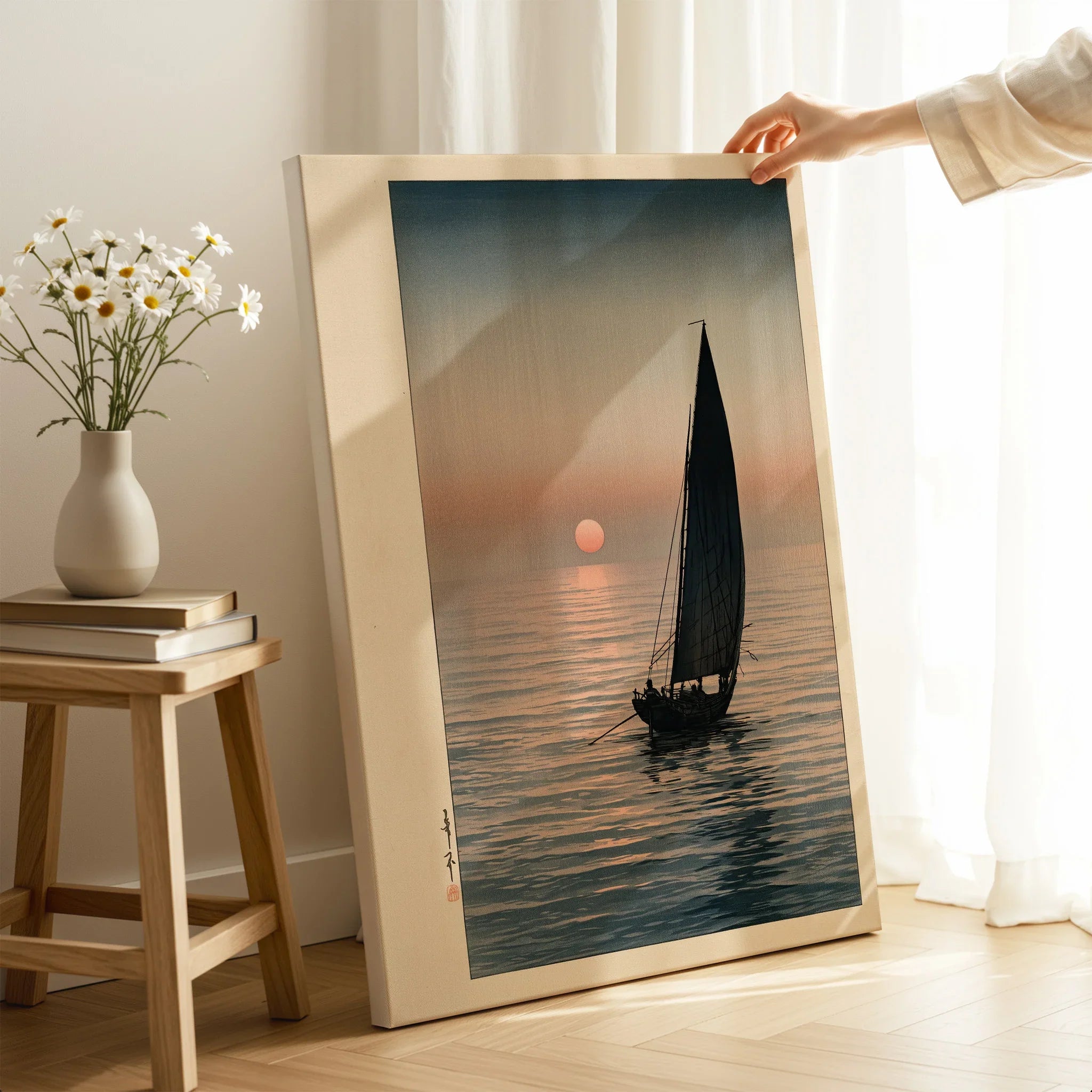 Japanese Sunset Seascape Art Print – Vintage Boat Wall Art — canvas print mirror edge hand holding room setting
