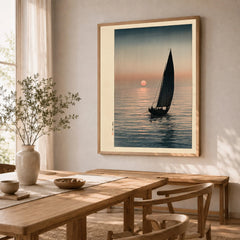 Japanese Sunset Seascape Art Print – Vintage Boat Wall Art — dining room framed print natural wood frame