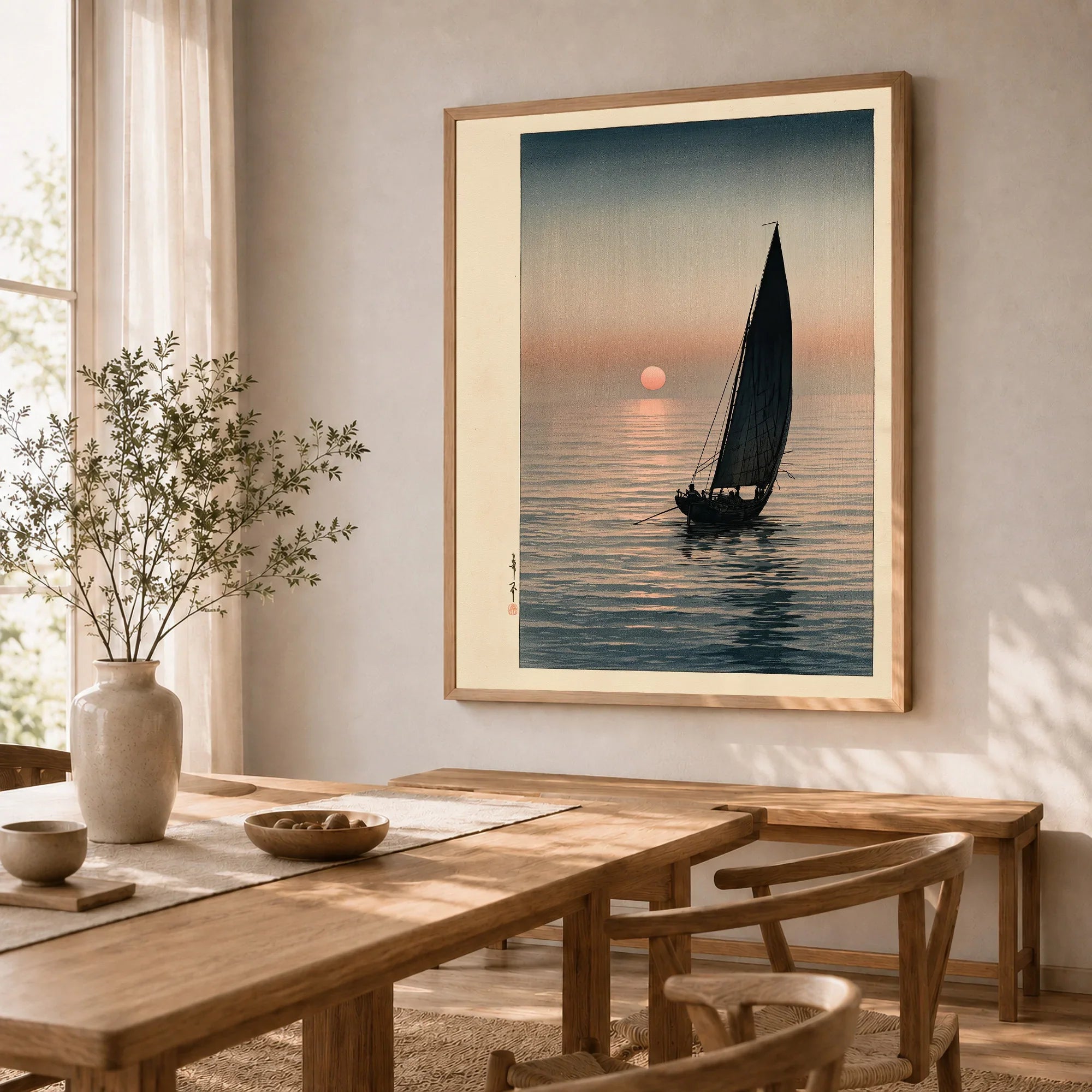 Japanese Sunset Seascape Art Print – Vintage Boat Wall Art — dining room framed print natural wood frame