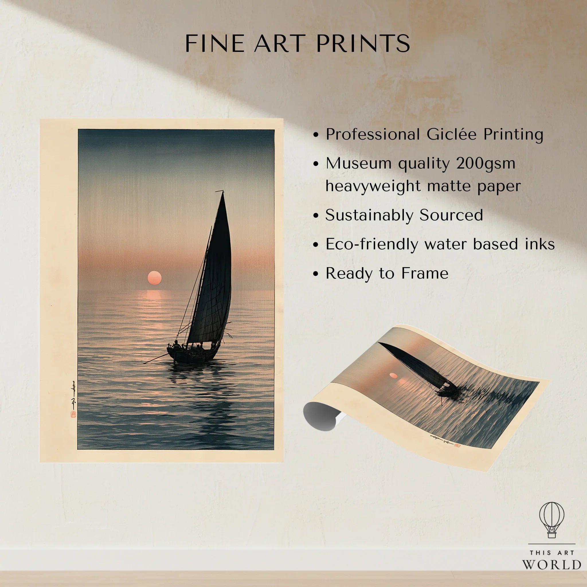 Japanese Sunset Seascape Art Print – Vintage Boat Wall Art — fine art print unframed quality details