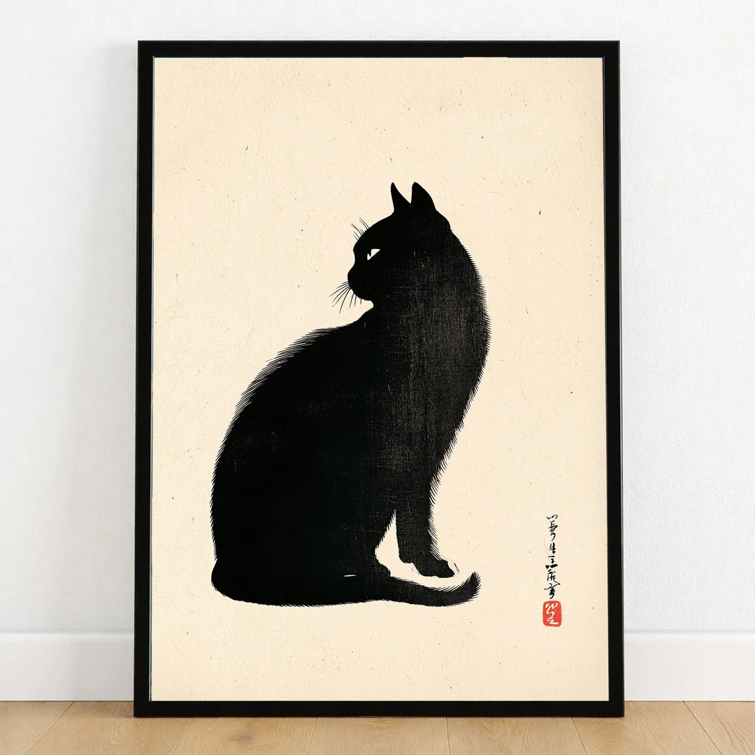 Japanese Black Cat Art Print – Vintage Japanese Wall Art — art print in black frame on wooden floor