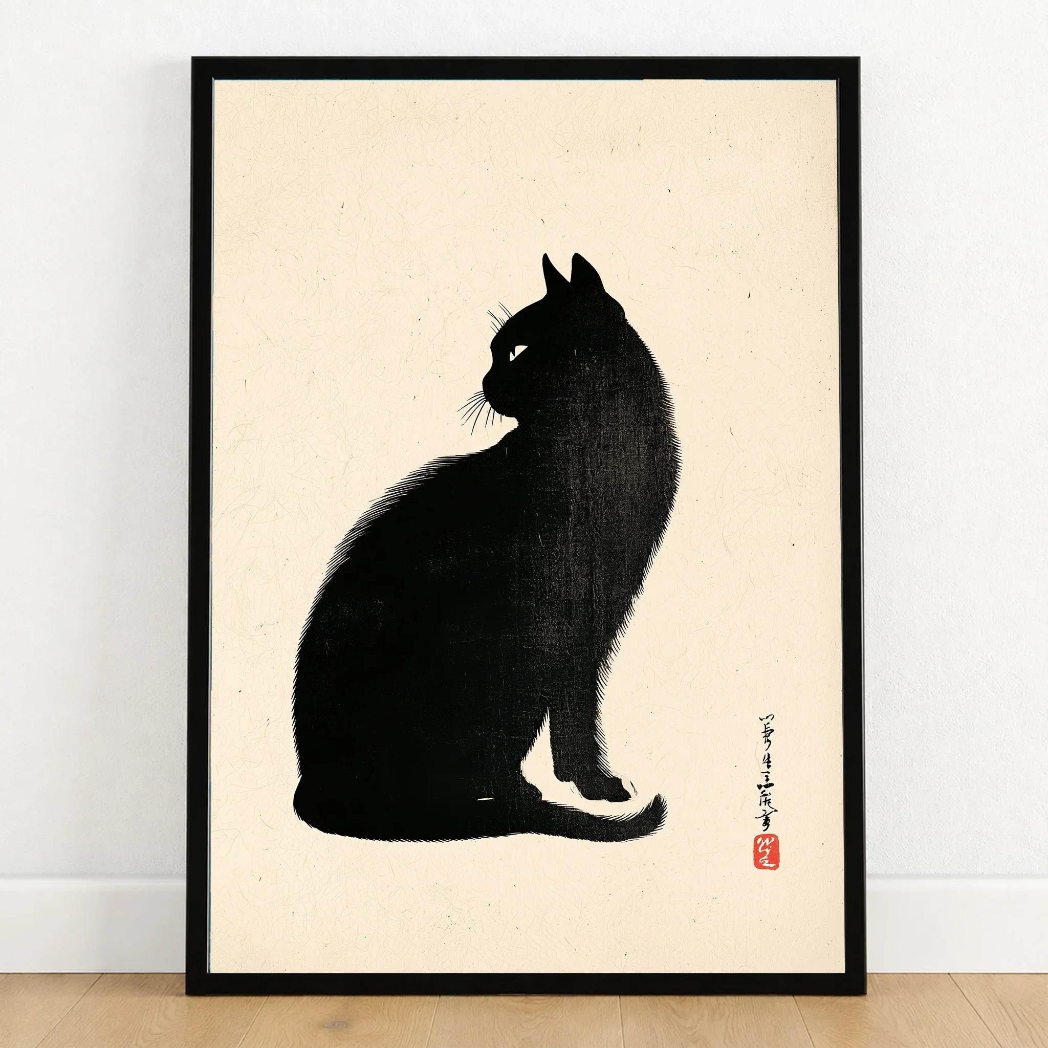 Japanese Black Cat Art Print – Vintage Japanese Wall Art — art print in black frame on wooden floor