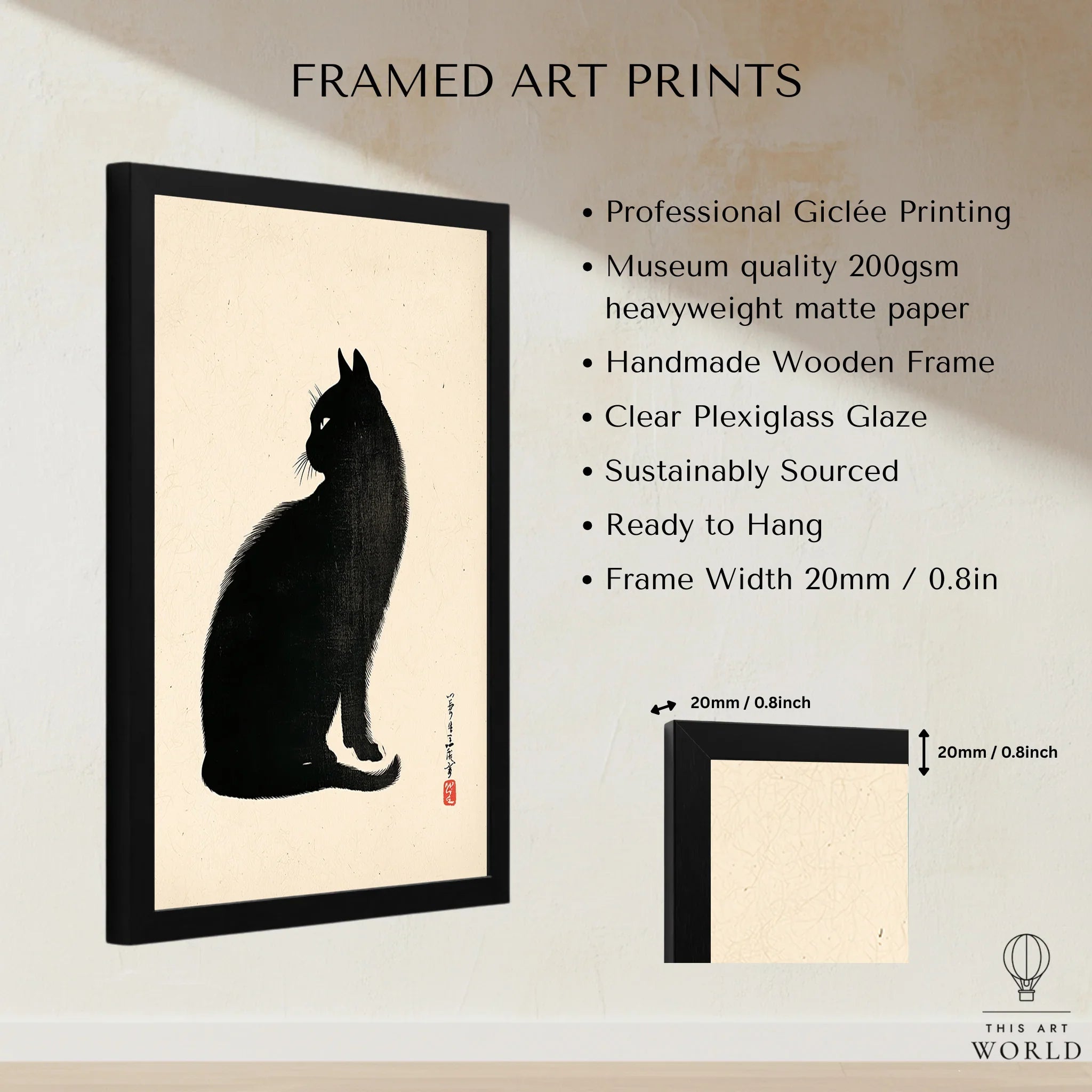 Japanese Black Cat Art Print – Vintage Japanese Wall Art — framed print details measurements quality details