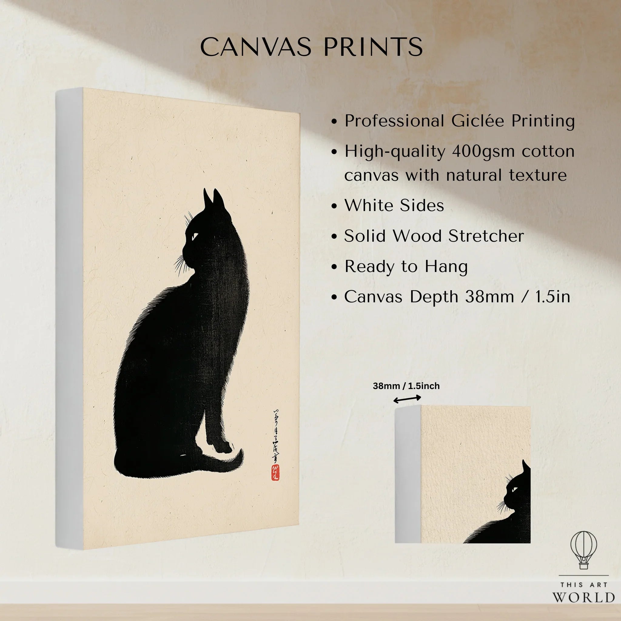 Japanese Black Cat Art Print – Vintage Japanese Wall Art — canvas print stretched cotton canvas details