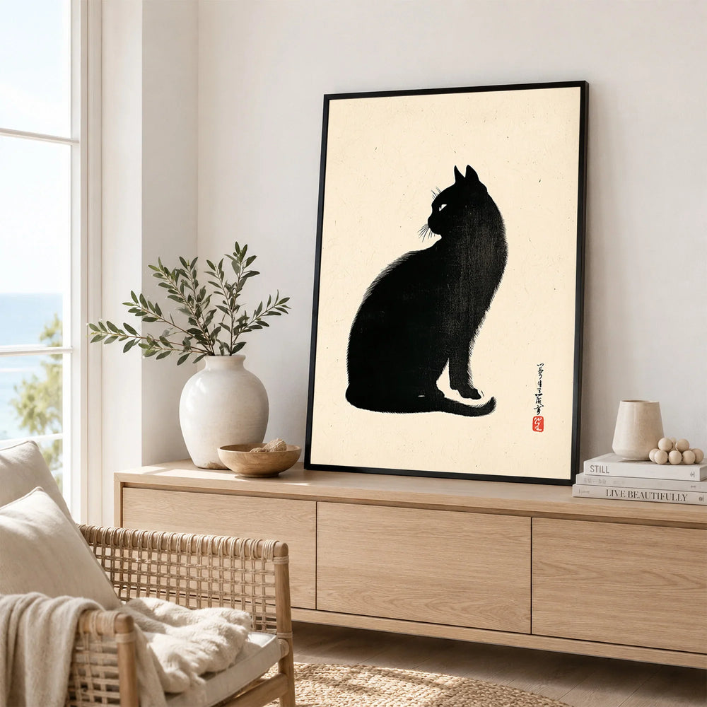 Japanese Black Cat Art Print – Vintage Japanese Wall Art — framed artwork living room lifestyle setting