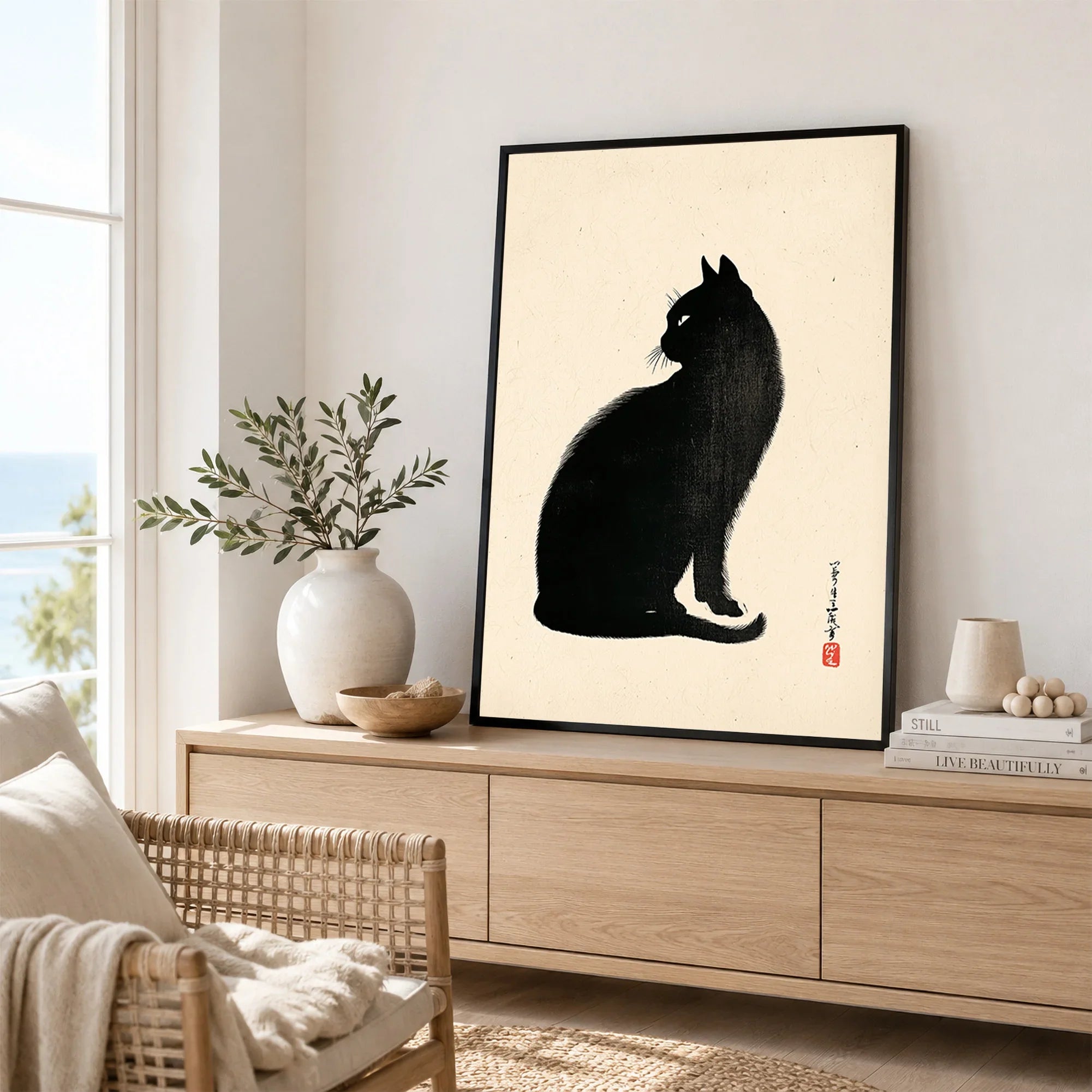 Japanese Black Cat Art Print – Vintage Japanese Wall Art — framed artwork living room lifestyle setting
