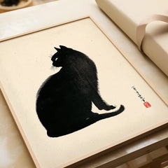 Japanese Black Cat Art Print – Vintage Japanese Wall Art — framed art print closeup gift unwrapped natural frame