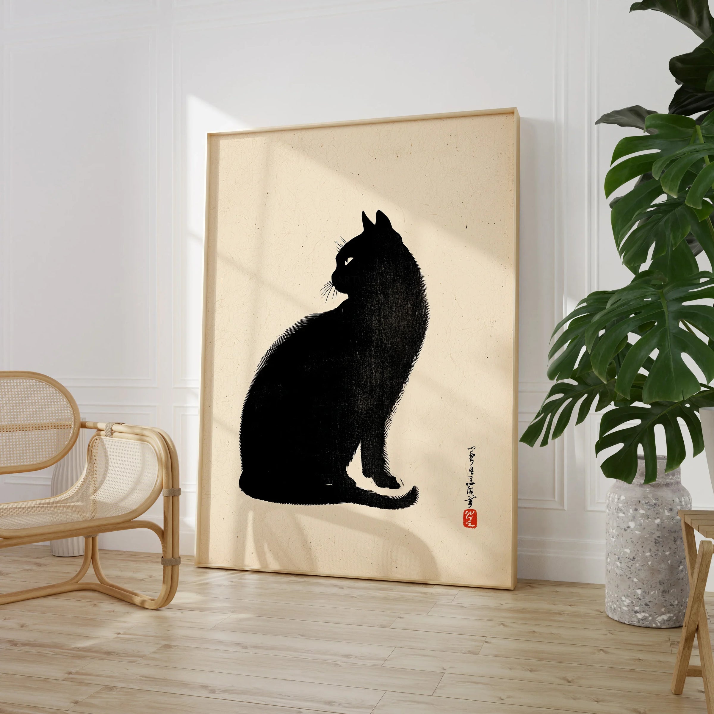 Japanese Black Cat Art Print – Vintage Japanese Wall Art — large framed print room setting chair plant