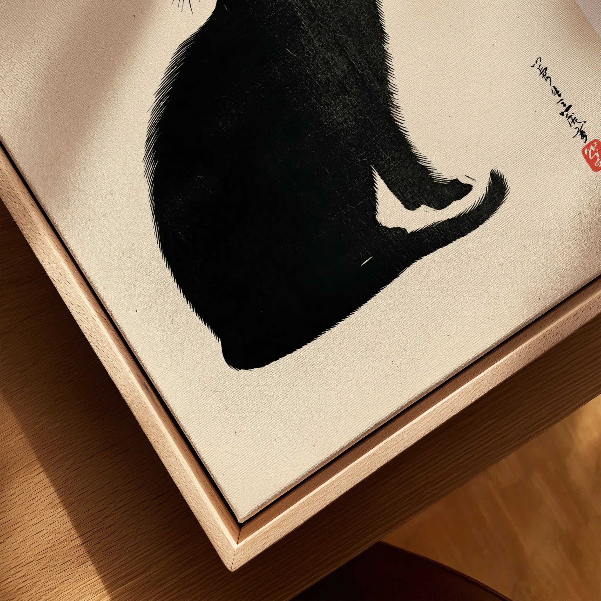 Japanese Black Cat Art Print – Vintage Japanese Wall Art — closeup framed canvas natural wood floating frame