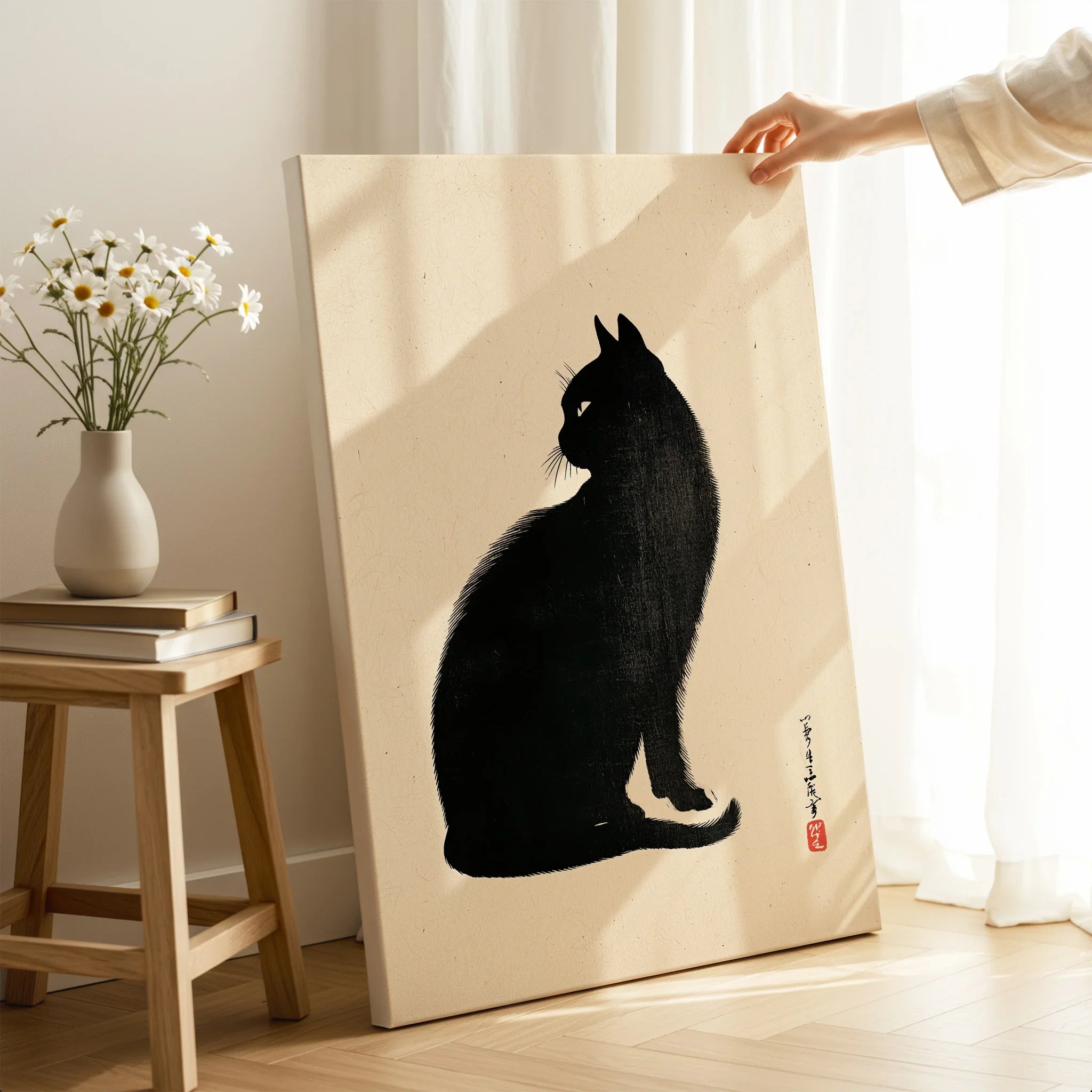 Japanese Black Cat Art Print – Vintage Japanese Wall Art — canvas print mirror edge hand holding room setting