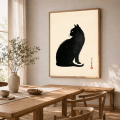 Japanese Black Cat Art Print – Vintage Japanese Wall Art — dining room framed print natural wood frame