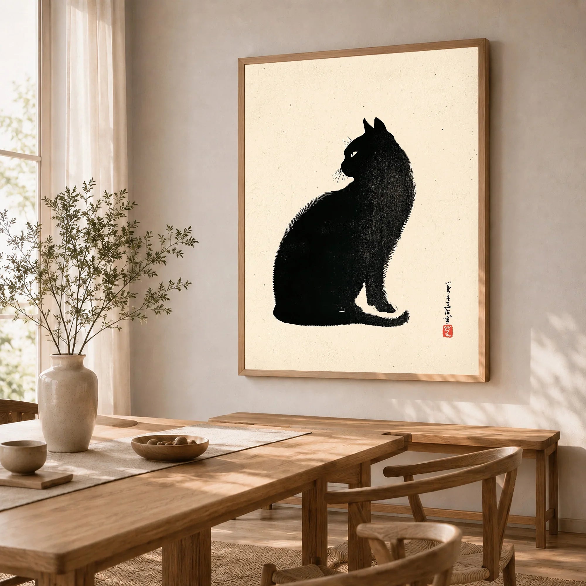 Japanese Black Cat Art Print – Vintage Japanese Wall Art — dining room framed print natural wood frame