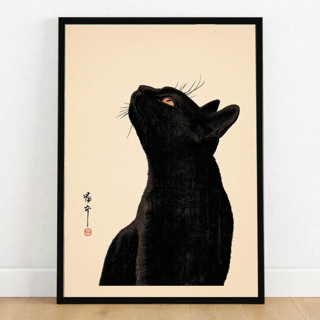 Japanese Cat Art Print – Black Cat Ukiyo-e Style Wall Art — art print in black frame on wooden floor