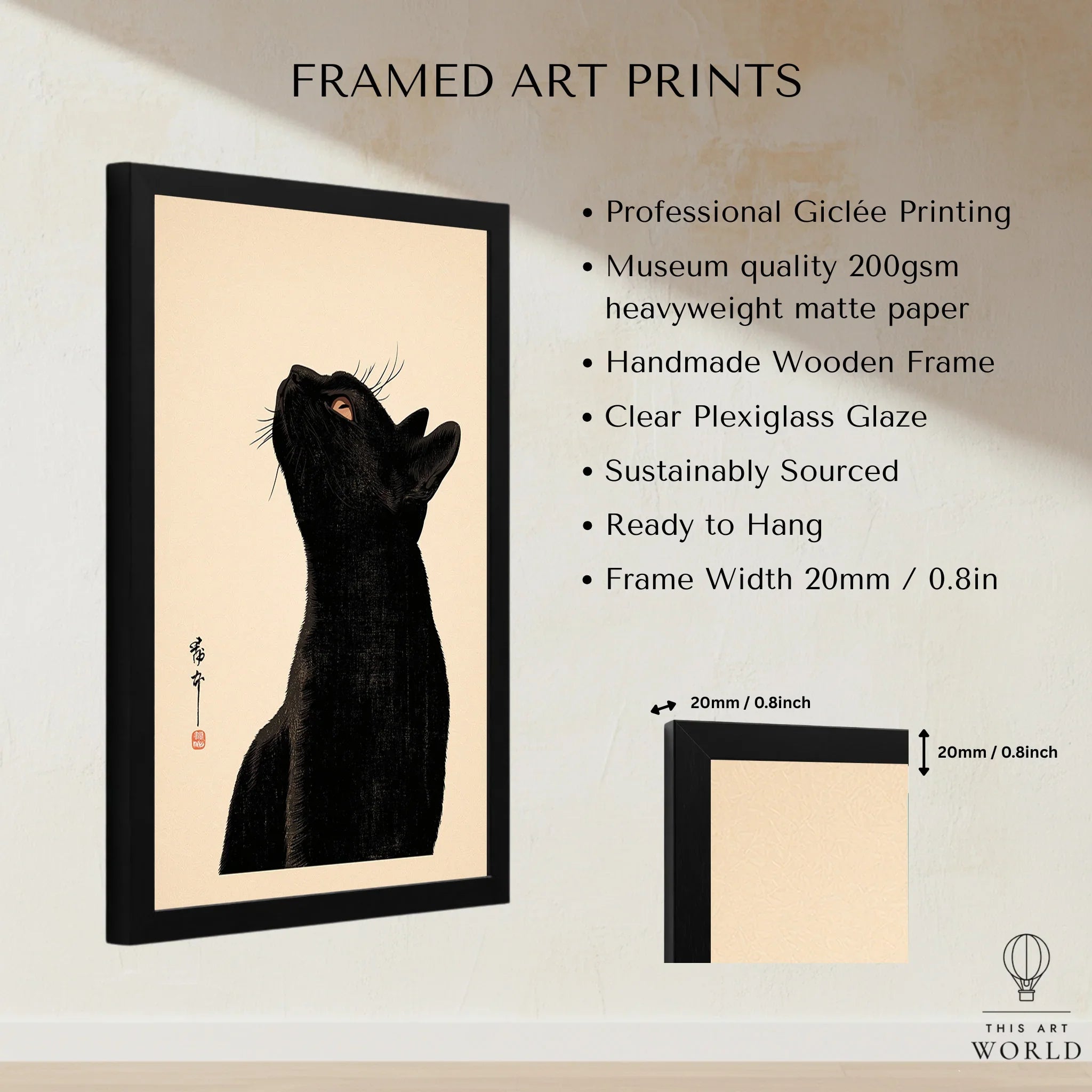 Japanese Cat Art Print – Black Cat Ukiyo-e Style Wall Art — framed print details measurements quality details