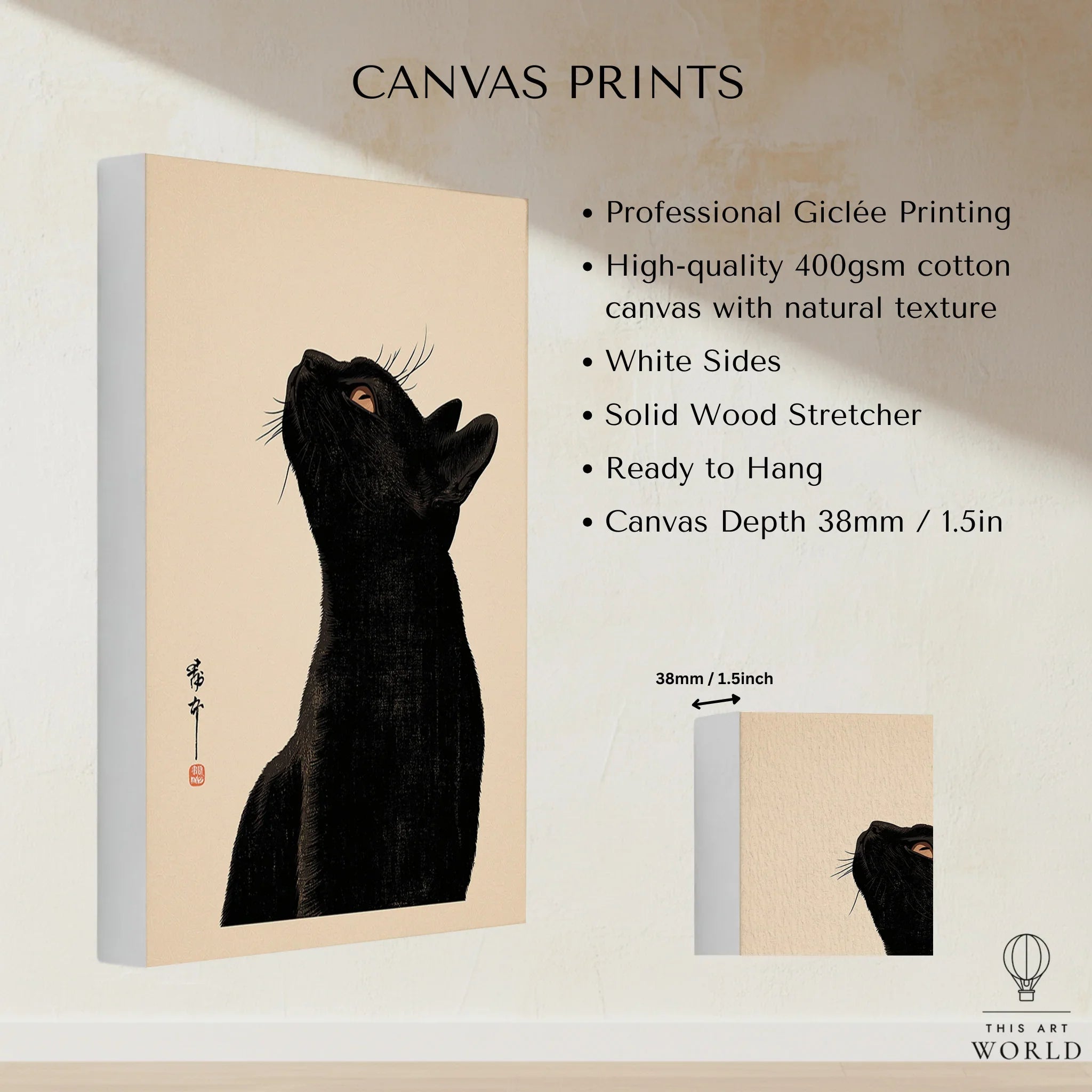 Japanese Cat Art Print – Black Cat Ukiyo-e Style Wall Art — canvas print stretched cotton canvas details