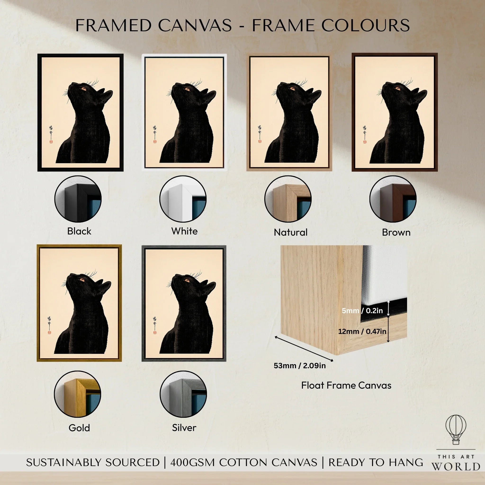 Japanese Cat Art Print – Black Cat Ukiyo-e Style Wall Art — framed canvas float frame colour options