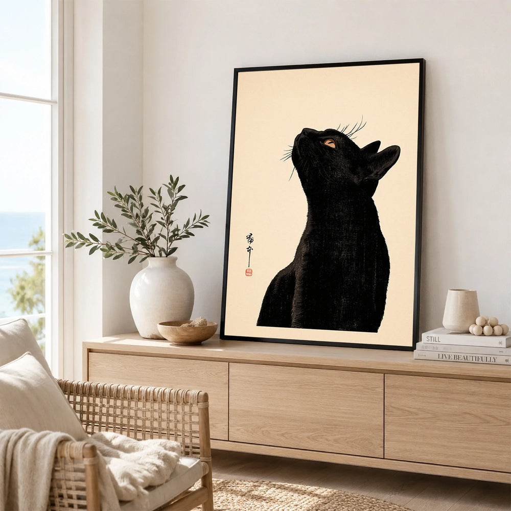 Japanese Cat Art Print – Black Cat Ukiyo-e Style Wall Art — framed artwork living room lifestyle setting