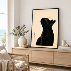 Japanese Cat Art Print – Black Cat Ukiyo-e Style Wall Art — framed artwork living room lifestyle setting