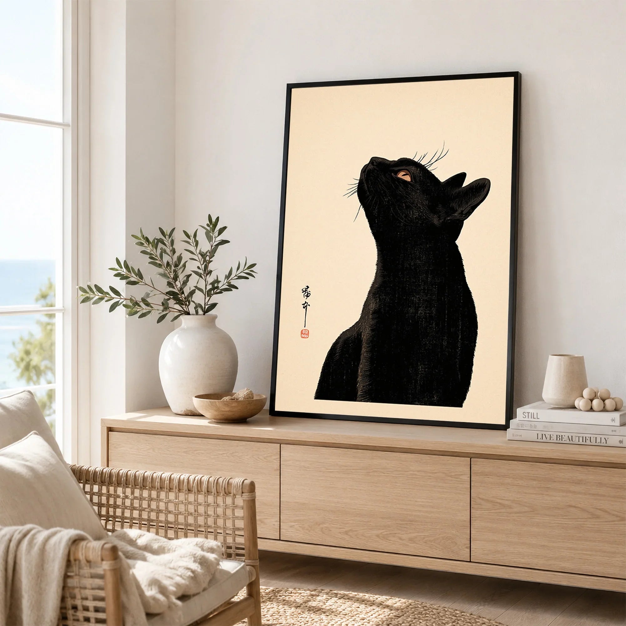 Japanese Cat Art Print – Black Cat Ukiyo-e Style Wall Art — framed artwork living room lifestyle setting