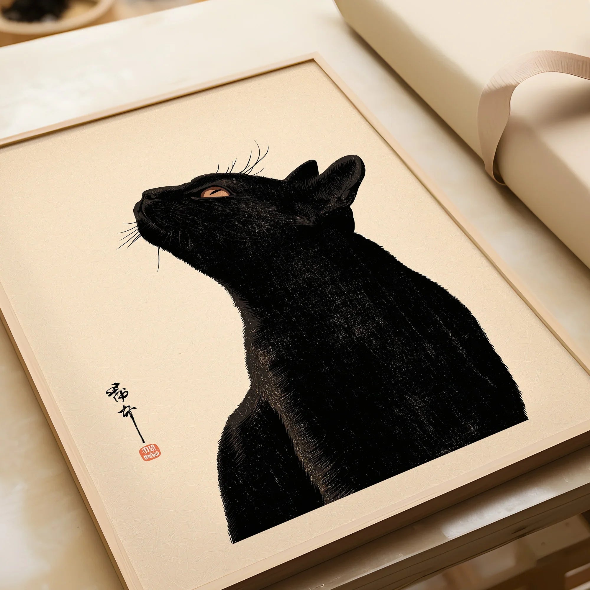 Japanese Cat Art Print – Black Cat Ukiyo-e Style Wall Art — framed art print closeup gift unwrapped natural frame