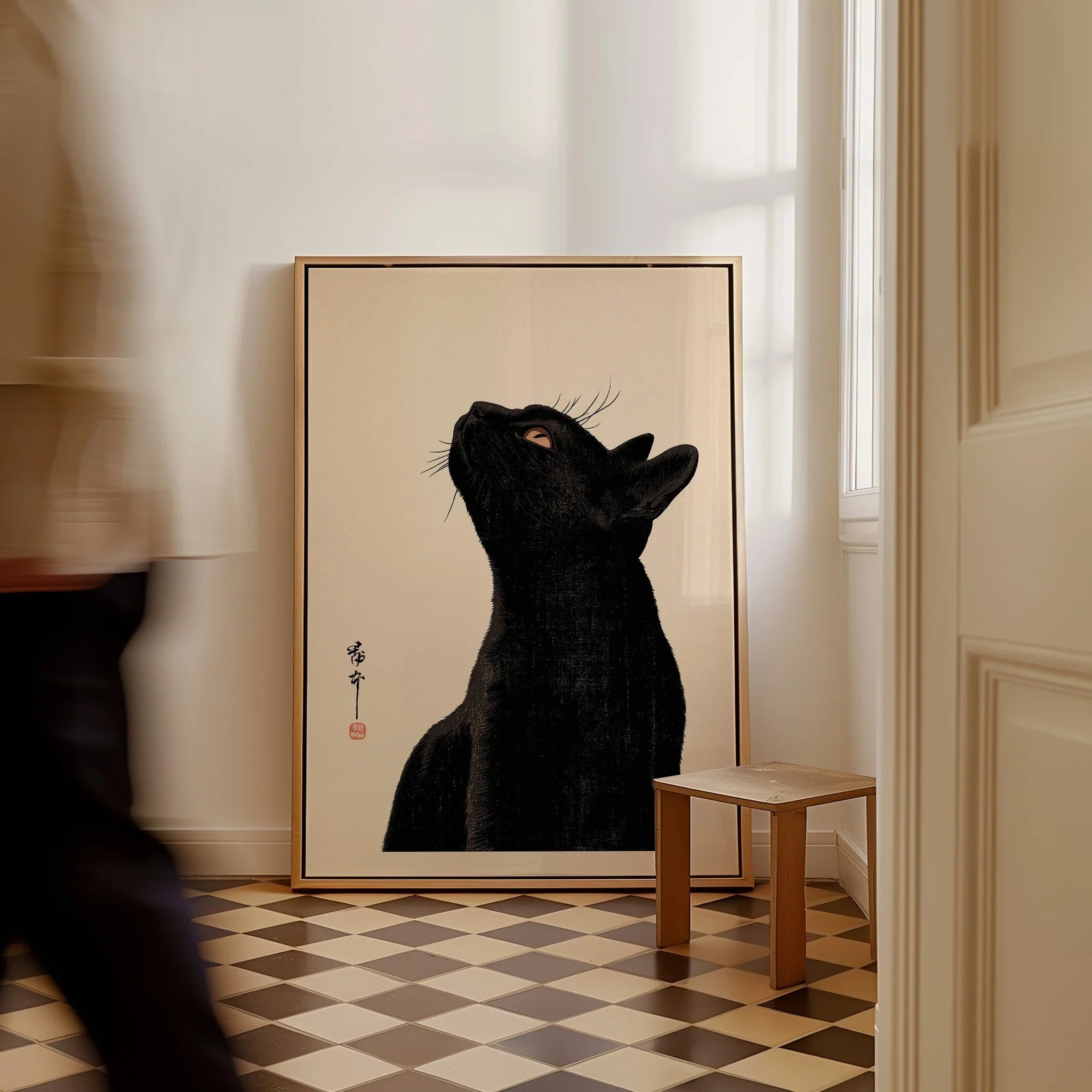 Japanese Cat Art Print – Black Cat Ukiyo-e Style Wall Art — framed canvas on floor man walking past