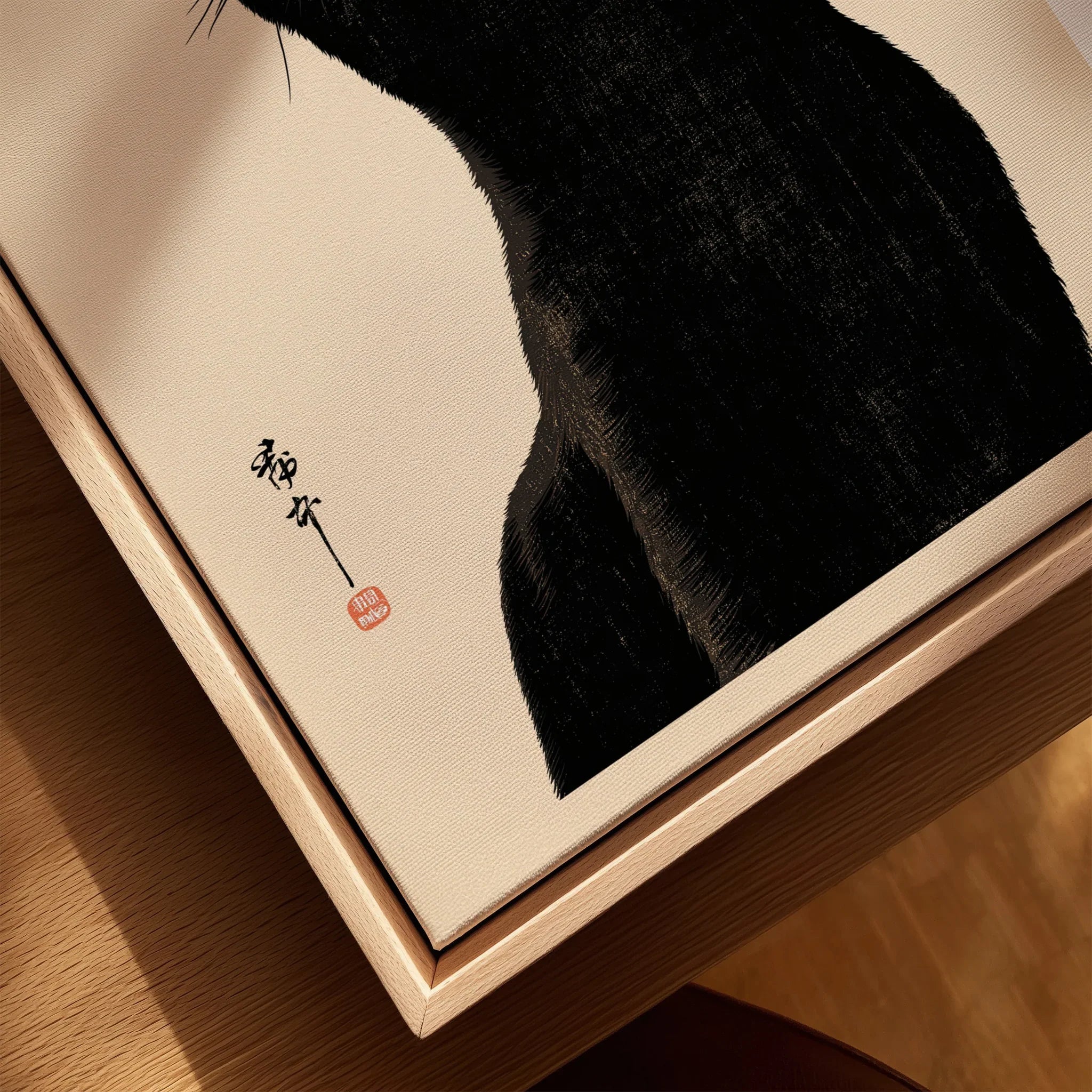 Japanese Cat Art Print – Black Cat Ukiyo-e Style Wall Art — closeup framed canvas natural wood floating frame